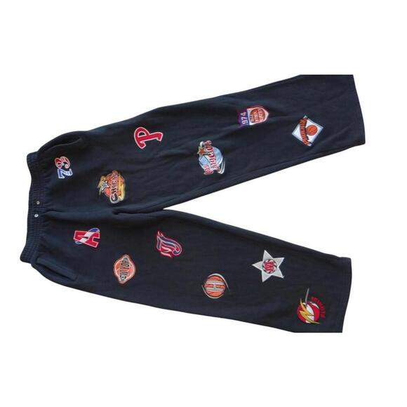 Black Sweatpants with Various Sports Team Patches - Picture 1 of 6